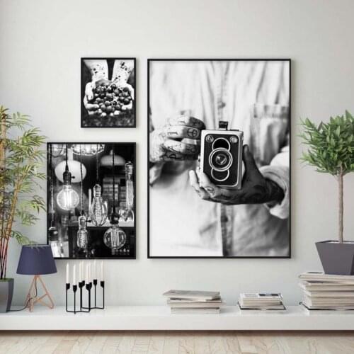 Vintage Street Scooter Poster Black White Hands with Camera Fruit Wall Art Canvas Painting Modern Wall Pictures for Living Room