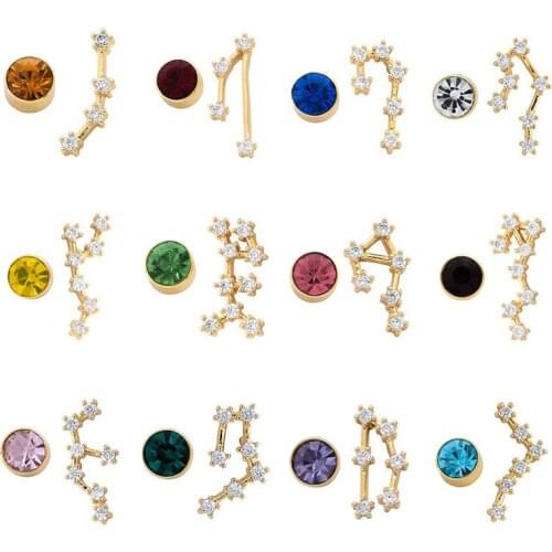 Japan and South Korea s925 silver needle twelve constellation birthstone personality earrings AB asymmetrical sweet lady tempera