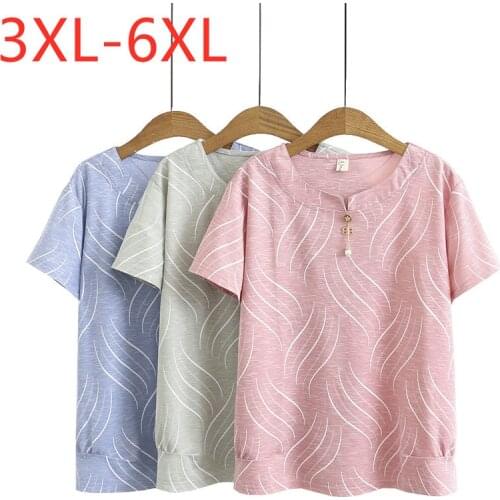 New 2021 Ladies Summer Plus Size Tops For Women Large Short Sleeve Loose Rayon Pink Green Stripe O-neck T-Shirt 3XL 4XL 5XL 6XL