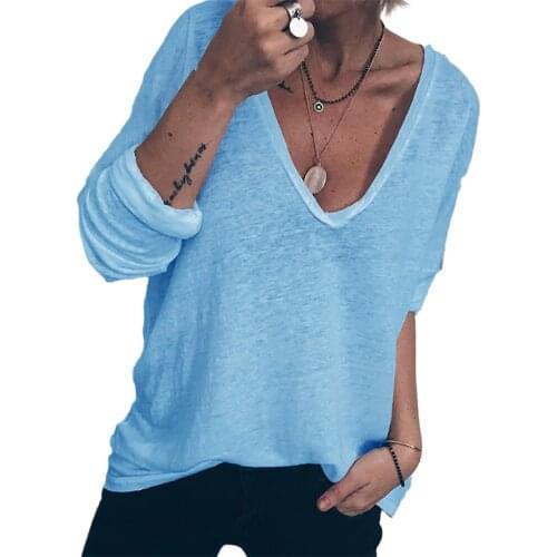 Womens Solid Color Fashion Casual Loose Long Sleeve V-neck T-shirt Tops Ladies T-shirt Sweatshirt Ladies Tops Pullover