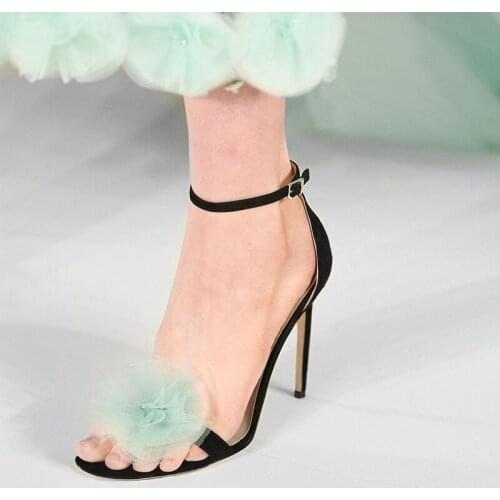 Ladies Beauty Mint Green Flower Embellish Wedding Sandals Summer One Strap Thin High Heels Open Toe Female Runway Sandalias