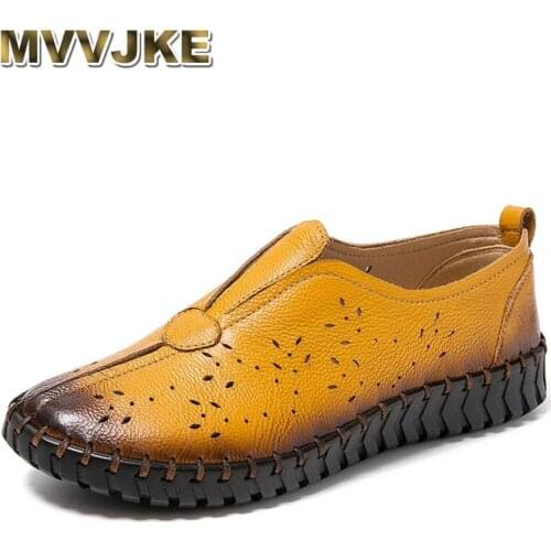 MVVJKE 2021 Summer Genuine Leather Vintage Loafers Shoes Women Lazy Slip-On Handmade Leather Breathable Hollow Soft Shoes Woman