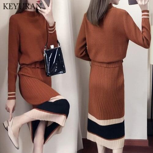 Autumn Winter Women Casual Two piece set Knitted Striped dress 2 piece sets Fashion Ladies Long sleeve sweater Tops and Skirts