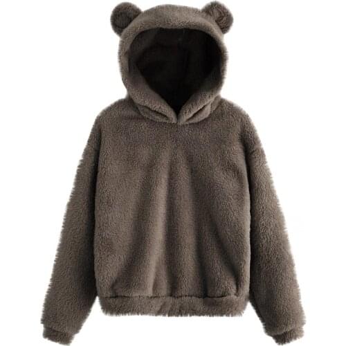 Womens Long Sleeve Sweatshirt Warm Bear Shape Fuzzy Pullover Sweatshirt Soft Long Sleeve Hoodie for Girls Korean Cloth