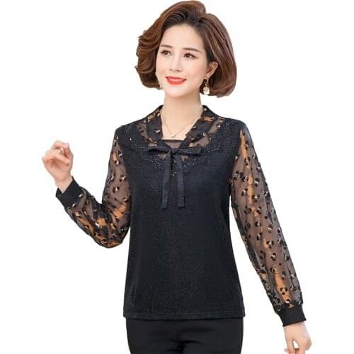 Women V Neck Top Black Leopard Fashion Shirt Female Long Sleeve Chic Shirt Casual Sweet Mesh Lace Blouses Tops 5XL 4XL