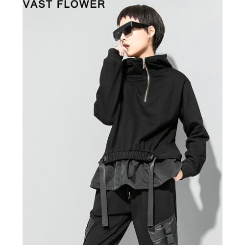 Black Plus Size Ruffles Patchwork Sweatshirt Women Hoodies Loose Zipper Long Sleeve Pullover Clothes Fashion Autumn Winter 2021