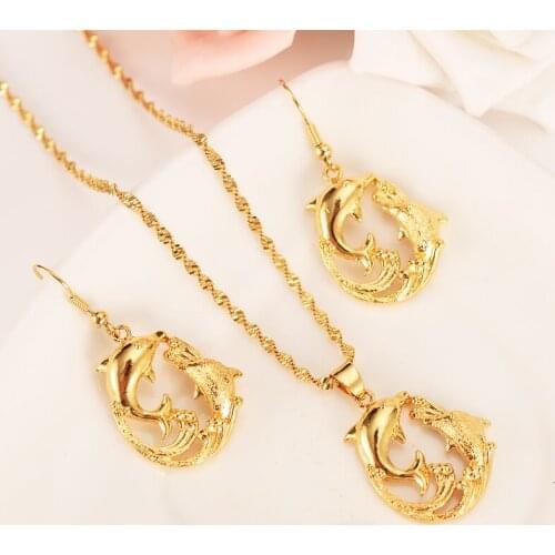Fashion gold Jewelry Set crystal Dolphin Pendant Necklace Loop Earrings Sets for Women PNG girls kids party bridal gifts charms