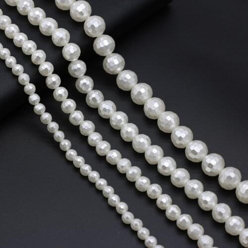 Natural Faceted White Shell Beaded Imitation Pearl Shell Round Loose Beads for Making DIY Jewelry Bracelet Necklace Size 6-12mm