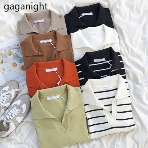Gaganight Solid V-Neck Pullovers Turn-Down Collar Elegant Korean Simple Knitted Sweaters Casual Students Long Sleeve Slim Tops