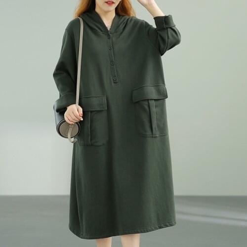 Hooded Dress Solid Color Autumn Winter Pockets 2021 New Casual Fashion Loose Women Big Size Dress