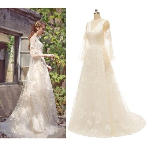 Backless Applique Illusion Sleeve A Line Backless Tulle Soft Women Fairy Princess Dress Beach Woodland Wedding Bridal Gown 887