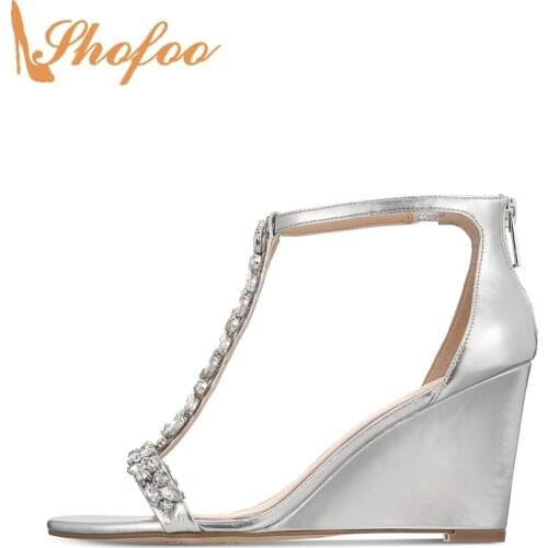 Sliver High Wedge Heels Sandals Open Toe Woman Big Size 15 16 Lady Fashion Crystal Ankle T-Strap Rhinestone Mature Shoes Shofoo