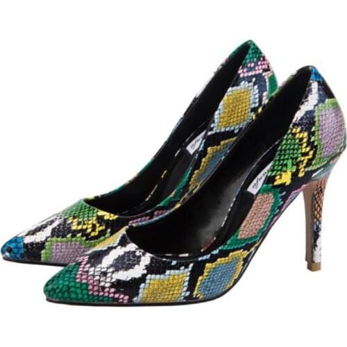 Elegance Vintage Women Heel Pumps PU Slip On 9CM Thin High Heels Pointed Toe Snake pattern Party Wedding shoes for women heels