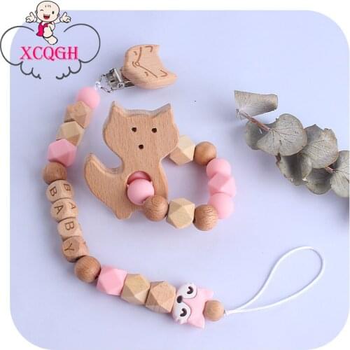 XCQGH Personlized Name Cute Fox Pendant Bracelet Teething Toy and Pacifier Clips Holder Shower Gift
