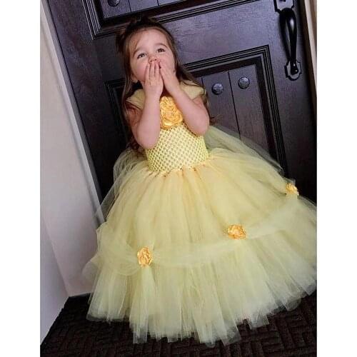 Girls Yellow Bella Princess Tutu Dress Kids Crochet Tulle Evening Dress Ball Gown Children Birthday Party Banquet Costume Dress