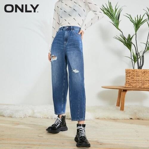 ONLY summer new high-waisted loose-fitting straight hole bloomers nine-point jeans women | 120349030