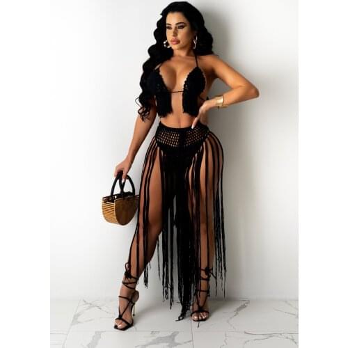 Women Beach Halterneck Bikini + Briefs, Long Tassel Decoration, Hand-knitted Crochet Summer Clothing