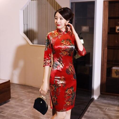 2021 New Women Dress Vintage Velour Chinese Traditional Short Cheongsam Three Quarter Sleeve Stand Collar Slim Plus Size Dress