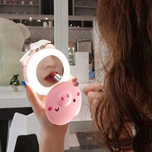 3in1 Cartoon Piggy Mini Cosmetic Mirror Cooling Fan Light Handheld USB Rechargeable Mini Compact Portable Pocket Cosmetic Mirror