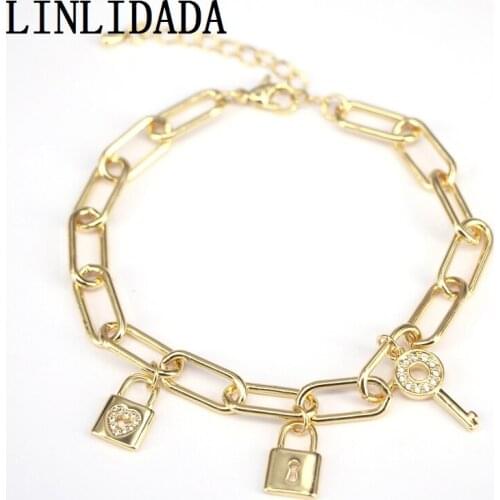 5Pcs Fashion Bracelet,Micro Pave Cz Key Lock Link Chain Bracelet, Padlock Bracelet Linked Chain Bangle Couple Jewelry