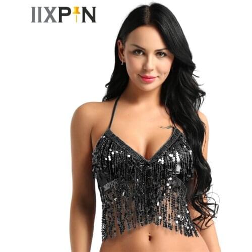 IIXPIN Women Sexy Latin Belly Dance Sequin Bra Tassel Top with Chest Party Club Wear Costume Wetlook Halter Neck and Back Tie Up