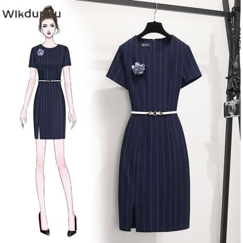 Elegant Ladies Office Dress Fashion Korean Style Striped Dresses Women Workwear Formal Business Summer Vestido Clothes Plus Size