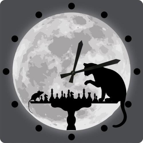 The Moon Background Square Wall Hanging Clock Cat Playing Chess with Mouse Animal Hunting Board Game Wall Watch Pet Lover Gift