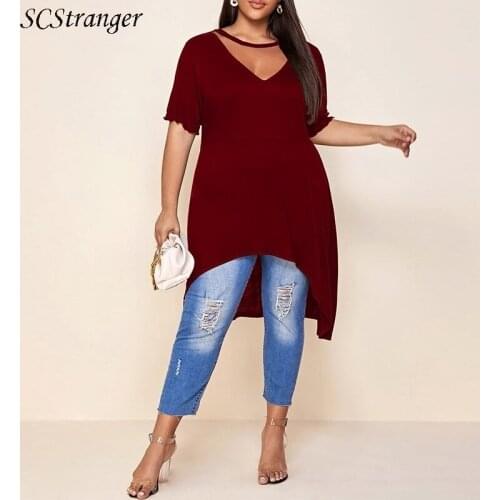 Summer Dress V Neck Short Sleeve Wine Red Large Size Loose Dresses Ladies Temperament High End Womens Mid Length Irregular Dress