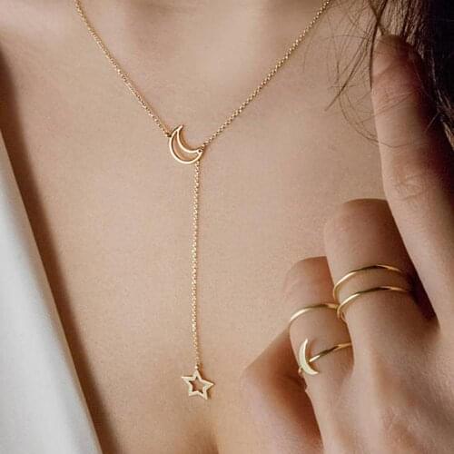 Fashion Hollow Star Moon Necklace Long Pendant Crystal Necklace Simple Gold Metal Round Coin Necklaces Women Jewelry