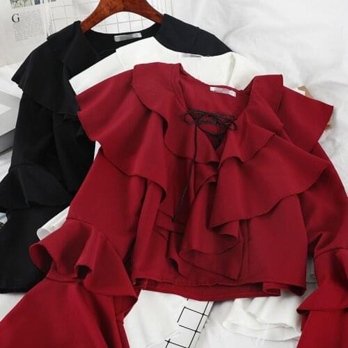 Fashion Solid Ruffles Blouses Women Shirt Casual Butterfly Sleeve Ladies Shirts Spring Elegant Chic Lace-up Short Style Shirt