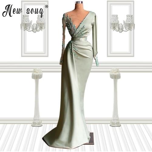One Shoulder Beaded Mermaid Prom Dress 2021 Long Sleeve Mint Green Evening Gowns Dubai Vestidos De Fiesta real photo Longue Robe