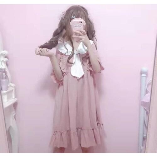 Women New Summer Vintage 50s 60s Retro Japanese Soft Sister Doll Collar Loose Short Puff Sleeved Ruffle Cute Dresses