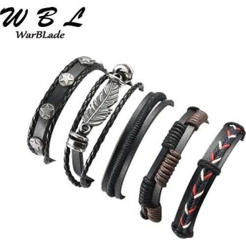 Punk Wrap Wristband Genuine Leather Bracelet 6pcs/set Men Vintage Charm Multilayer Braided Bracelet Bangle Male Jewelry WBL