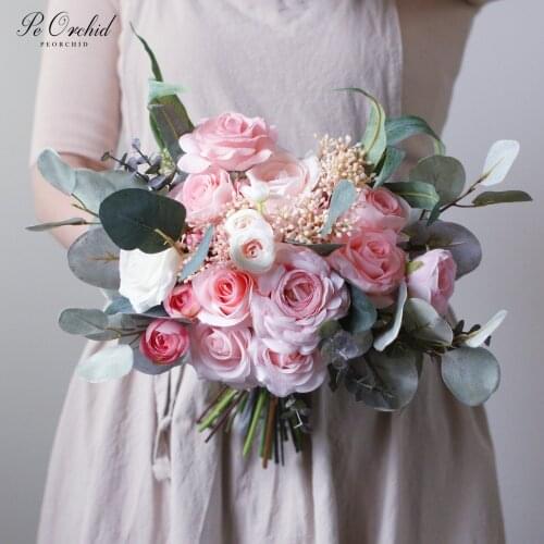 PEORCHID Pink Rose Artificielle Wedding flower Bouquet Romantic Green Eucalyptus Real Touch Large Bridal Bouquets