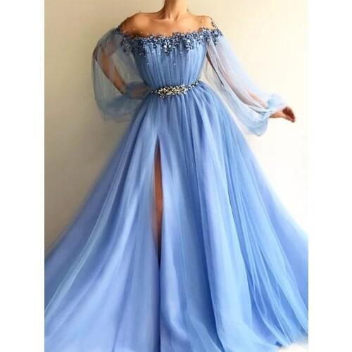 A-Line/Princess Long Sleeves Off-the-Shoulder Tulle Beading Floor-Length Dresses
