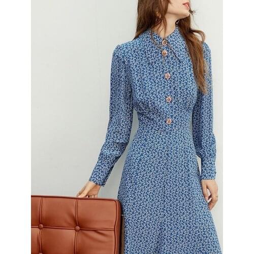 Early spring 2021 French l family pointed collar She Hua drill button Long Sleeve Silk Floral Dress