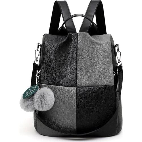 High Quality PU Leather Backpack Stitching Hit Color Womens Shoulder Bag Large Capacity Soft Leather Backpack Female Travel Bag