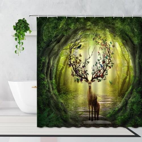 Fairy Tale Forest Elk Shower Curtain Arched Door Dream Deep Forests Scenery Bath Decoration Screen Waterproof Bathroom Curtains