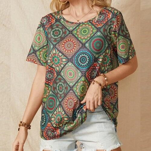 Vintage Printed Short Sleeve T-shirts Women 2021 Summer New Casual Loose Tops Streetwear Pullover Fashion O-neck Female Clothing