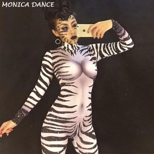 Sexy Zebra Sparkling Crystals Stones Jumpsuit Nightclub Party Celebrate Singer DJ DS Gogo Performance Stage Wear Women Bodysuit