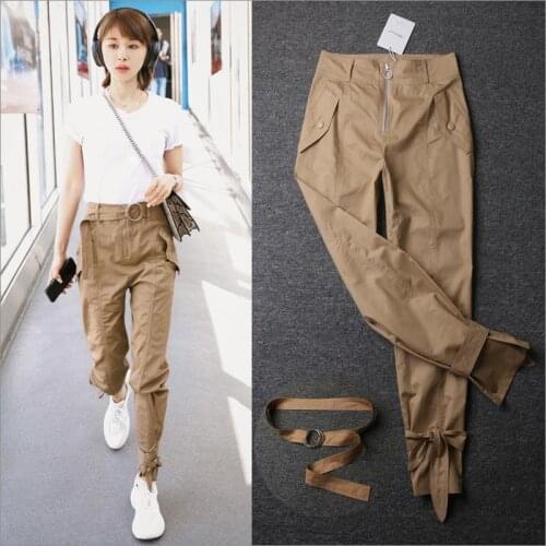 2020 Womens Cargo Pants Khaki Korean overalls pants high waisted loose casual pants summer thin cropped pants loui star joggers