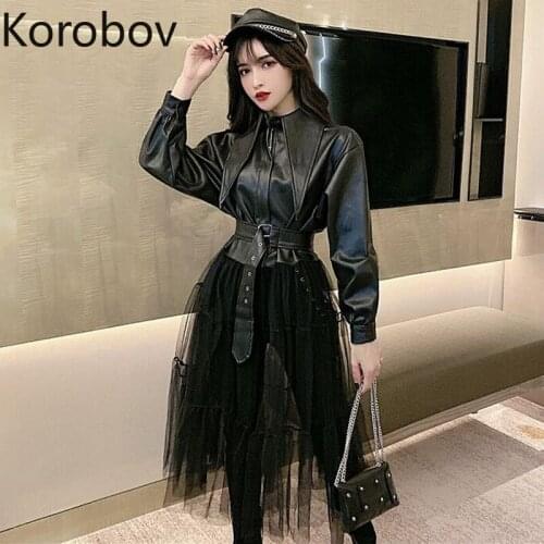 Korobov 2020 New Chic Turn-Down Collar Mesh Patchwork Women Dresses Vintage Long Sleeve PU Streetwear Vestidos