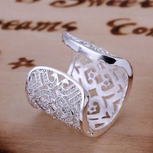 S925 Silver color jewelry - rings for women wedding ring ring heart ring with vintage crystal stone large opening R106
