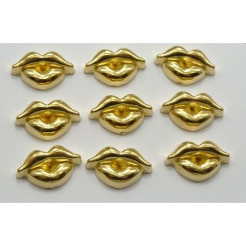 100 Gold Tone Metallic Acrylic Flat Back Lips Studs 14X8mm No Hole Cell Phone Deco