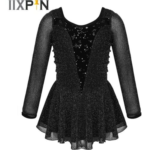 Teens Girls Ballet Leotard Dress Shiny Stretchy Glitters Velvet Splice Ice Skating Dress Roller Figure Skating Dress Dance wear