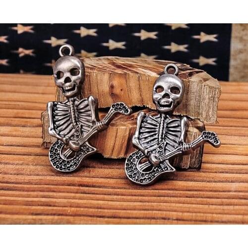 F28 Lot 10PCS Silver Cool Guitar Skull Pendant Charm Punk Necklace Findings