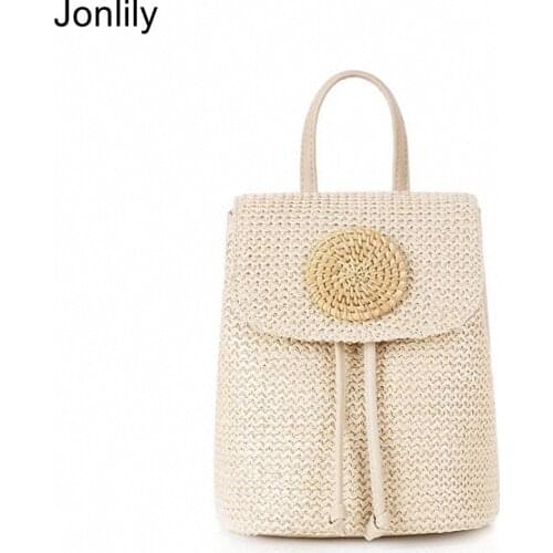 Jonlily Womens Grass-made Bags Female Summer Time Fashion Small Backpack Elegant City Daypack Teens Purse -KG611