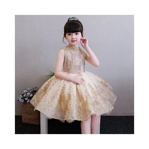 KICCOLY Elegant Golden Lace Flower Girl Dress Party Kids Pageant Gown Princess Wedding Dress Sleeveless First Communion Dresses