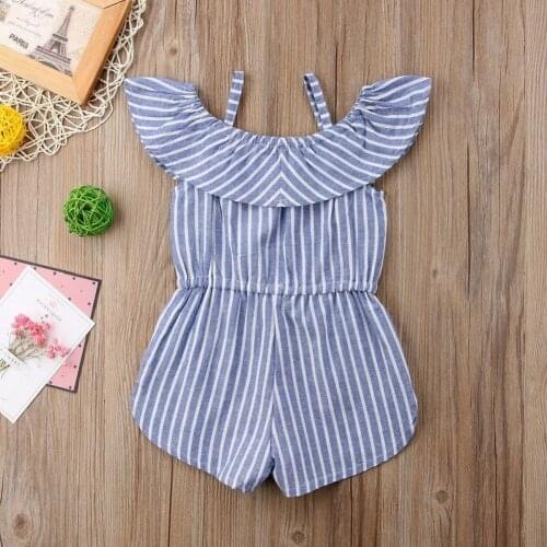 Toddler Baby Kids Girls Ruffle Stripe Shoulder Rompers Straps Jumpsuit Clothes Outfit Sunsuit