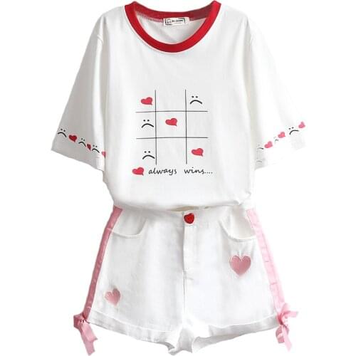 Summer 2 Pieces Sets Outfits Women White Cotton T-shirt Demin Skirt Suit Sweet T-shirt +Heart Embroidery Mini Skirt Clothes